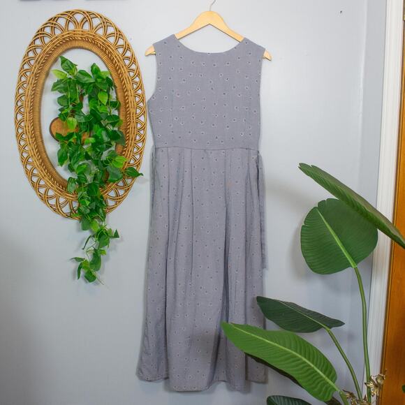 Vtg 90s Gray Blue Pleated Maxi Dress Micro Check Floral Embroidery Sleeveless - Picture 6 of 13